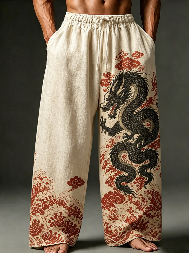 Men's Vintage Japanese Dragon Art Print Casual Pants