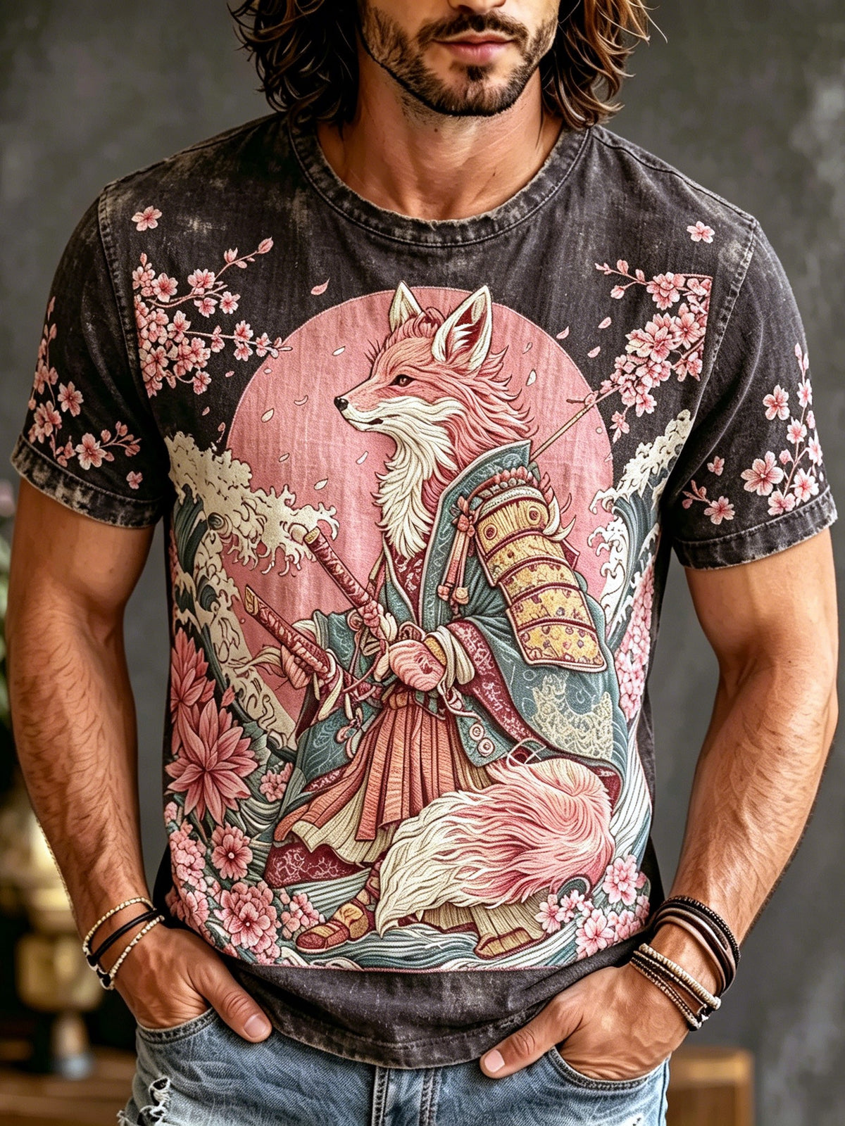 Men's Japanese Ukiyo-e Cherry Blossom And Fox Print Linen Comfortable T-shirt