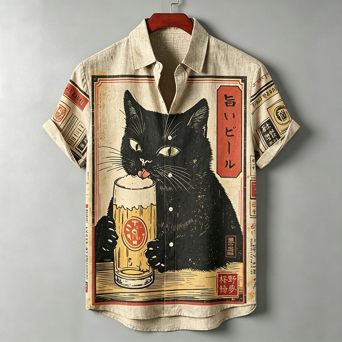 Retro Linen Japanese-style Wooden Print Black Cat Drinking Pattern Casual Button Summer Shirt
