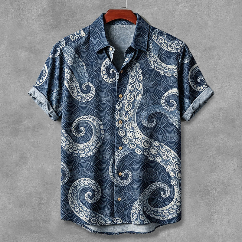 Men's Japanese Vintage Octopus With Wave Pattern Short-sleeve Shirt