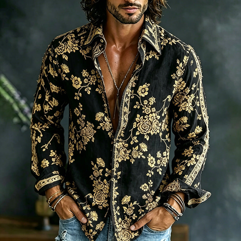 Men's Spring Summer Colorful Floral Printed Art Print Flowy Linen Blend Shirt