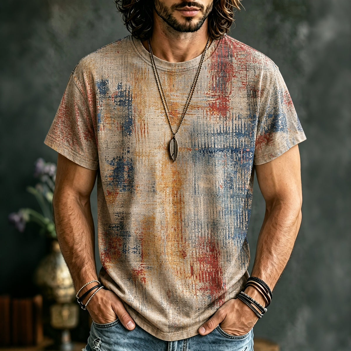 Men's Retro Geometry Gradient Print Casual Round Neck T-shirt