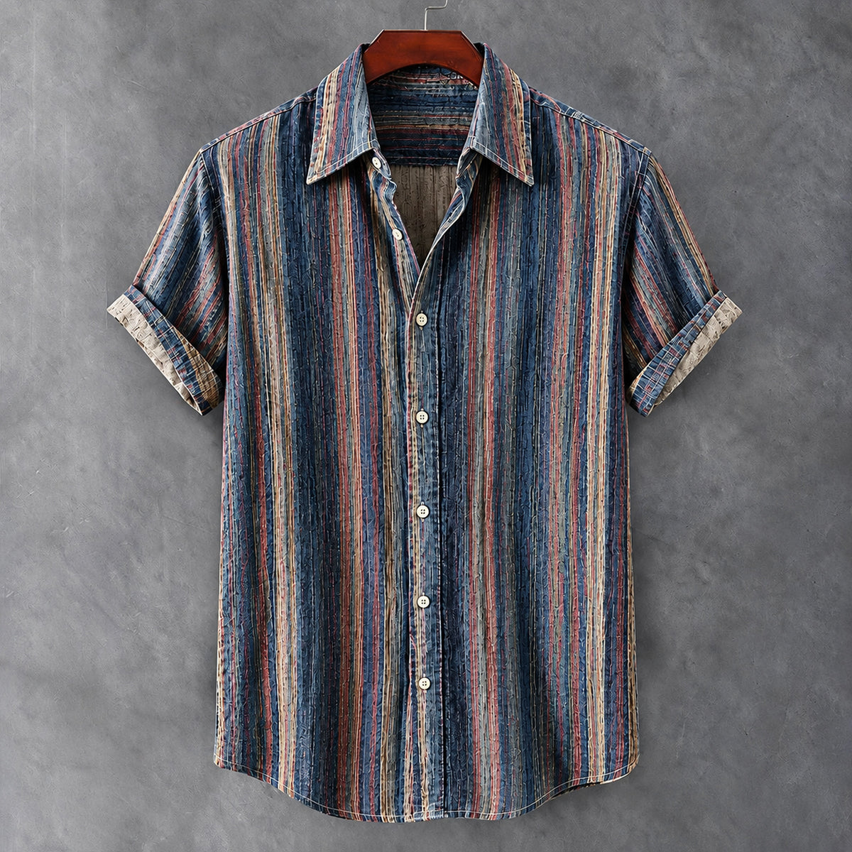 Men's Vintage Colorful Striped Art Print Casual Short Sleeve Shirt