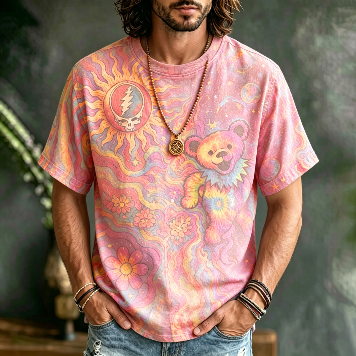 Retro Hippie Style, Washed Grateful Dead Dancing Bear Psychedelic Galaxy Sun Skull Floral Short-sleeved T-shirt