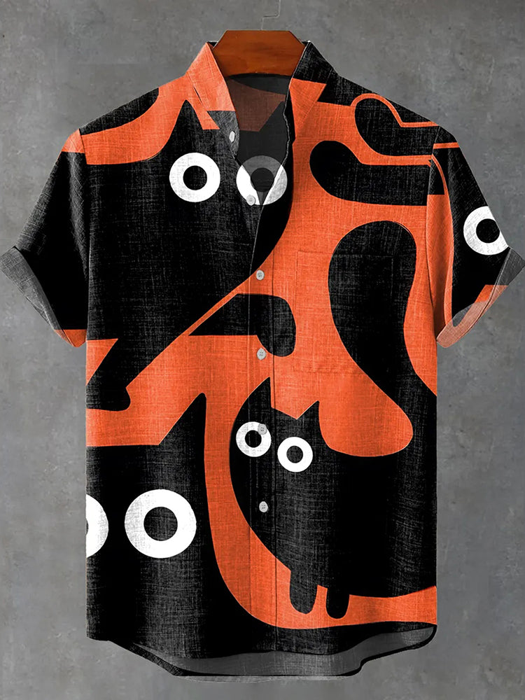Men's Fun Cat Print Casual Linen Blend Short-sleeve Shirt