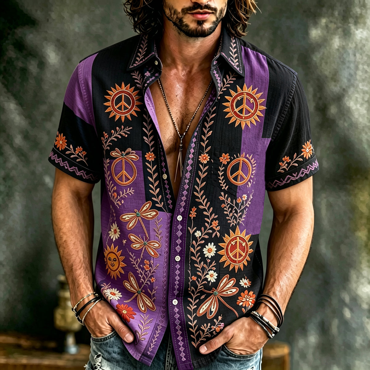 Men's Retro Hippie Floral Color Block Print Linen Short-sleeve Shirt