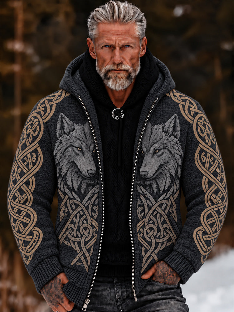 Men's Vintage Viking Wolf Celtic Knot Print Cozy Warm Zipper Hooded Sweater