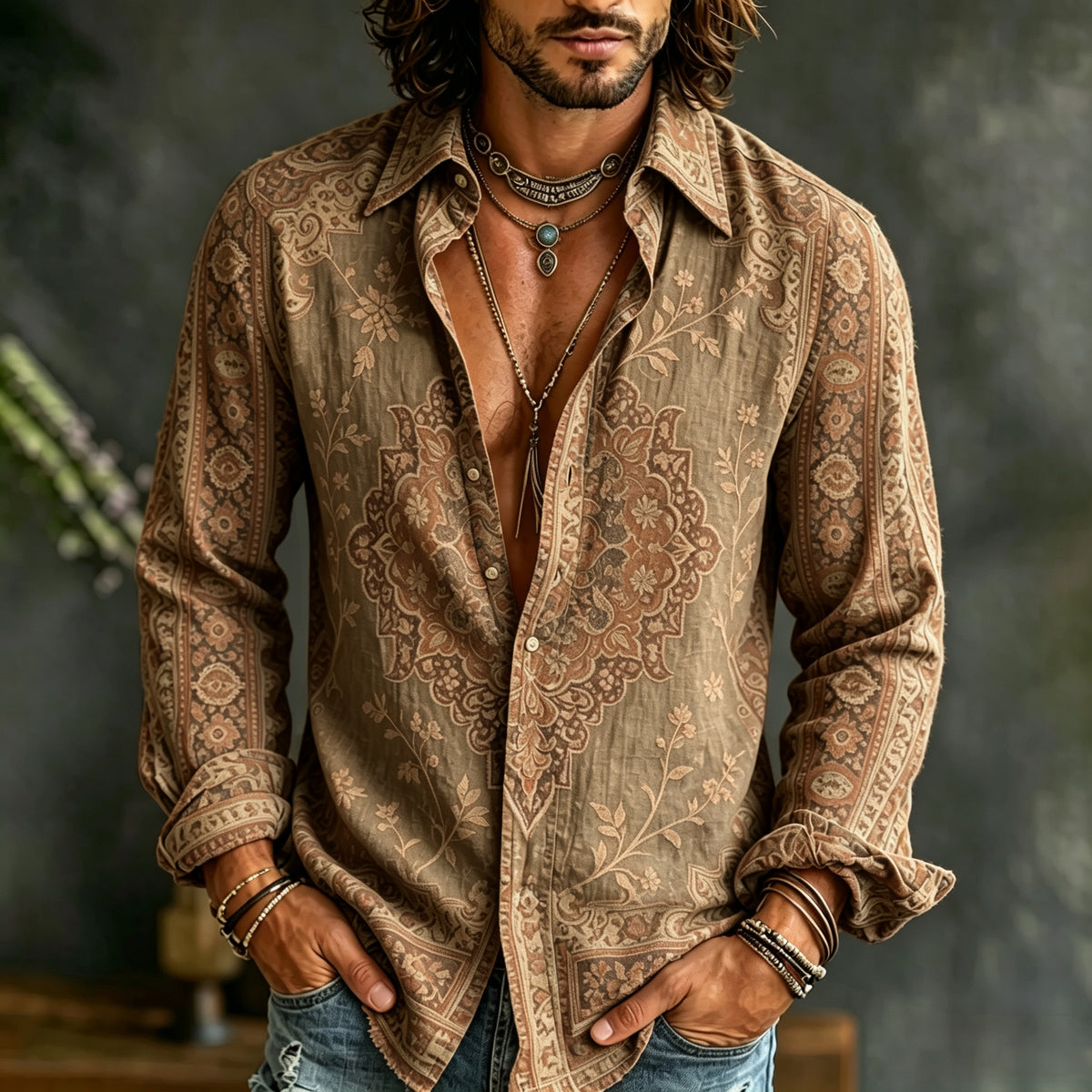 Men's Vintage Ethnic Geometry And Floral Print Flowy Linen Blend Casual Shirt