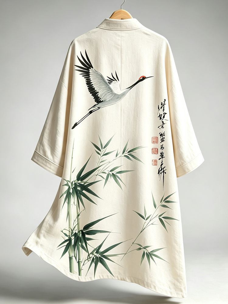 Men's Open-front Traditional Style Cardigan Coat Featuring Traditional Chinese Ink Painting Graphics Of A Flying Red-crowned Crane And Bamboo.