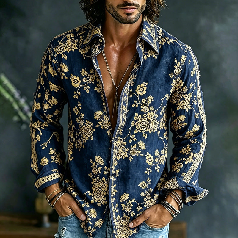 Men's Spring Summer Colorful Floral Printed Art Print Flowy Linen Blend Shirt