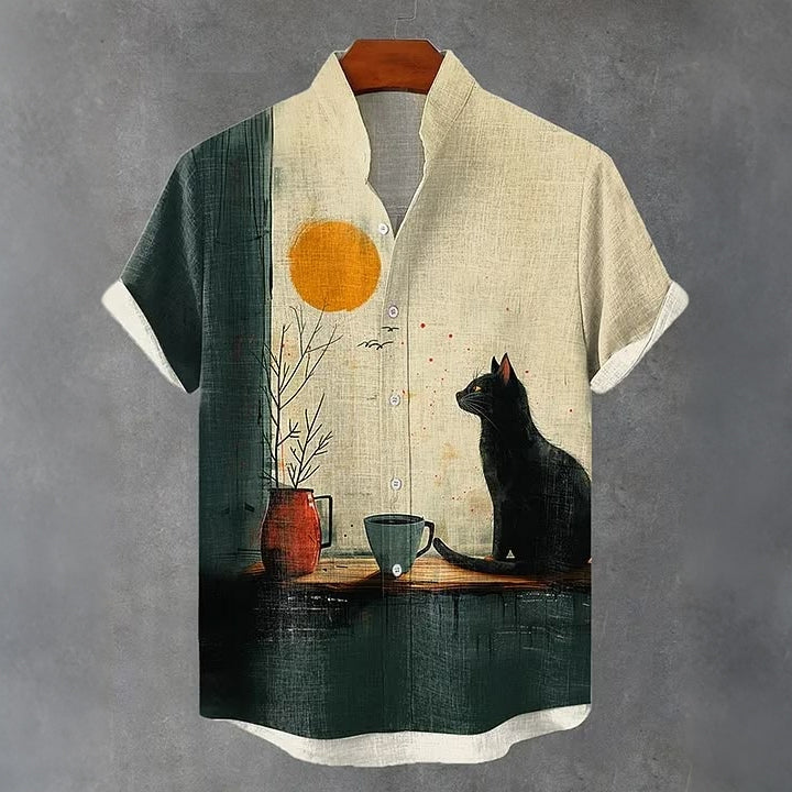 Vintage Cute Cat Patchwork Art Print Casual Linen Shirt