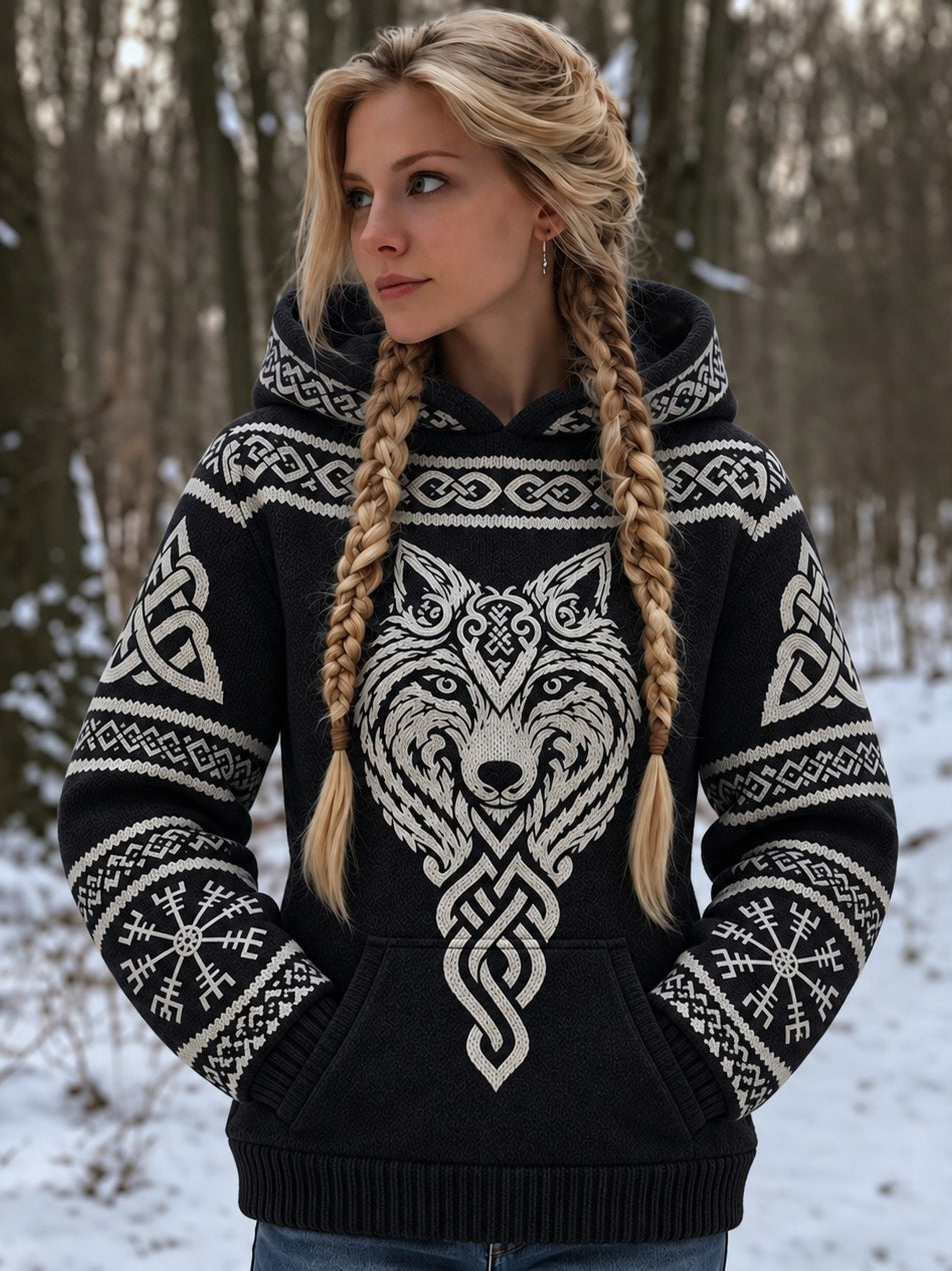 Women's Vintage Viking Wolf Art Knit Hooded Sweater