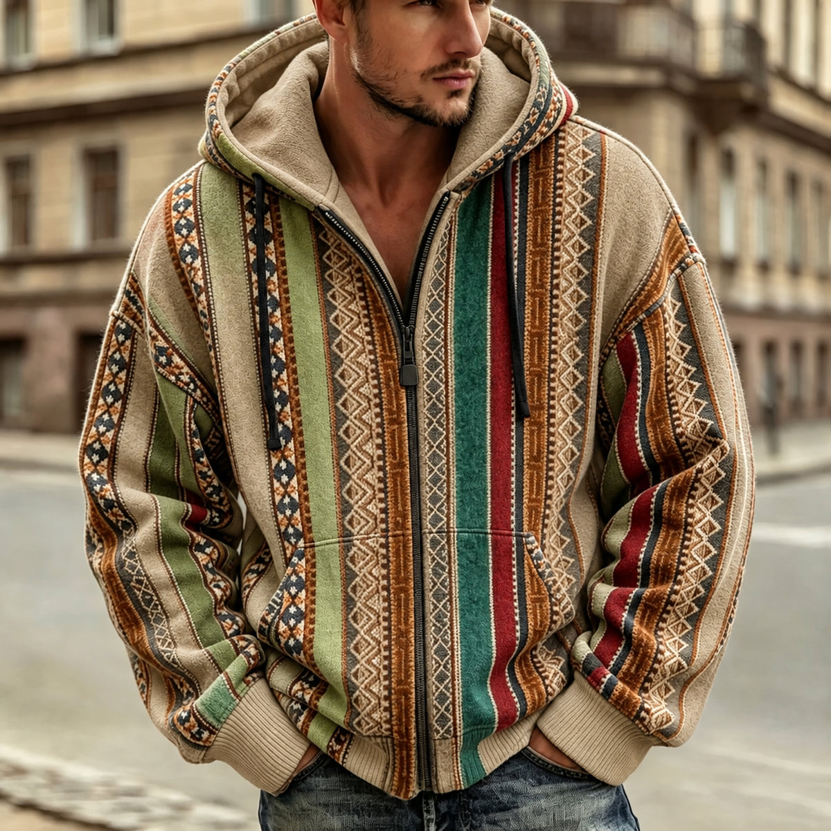 Men's Retro Geometric Ethnic Pattern Casual Warm Zip-up Hoodie