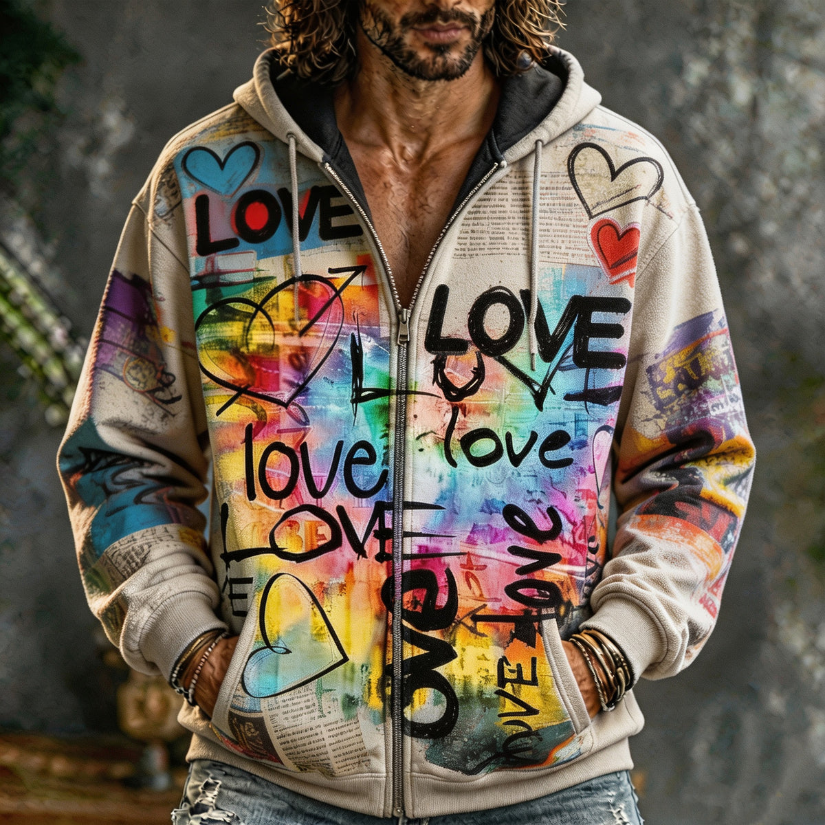 Vintage Hippie Streetwear Love Graffiti Zip Hoodie