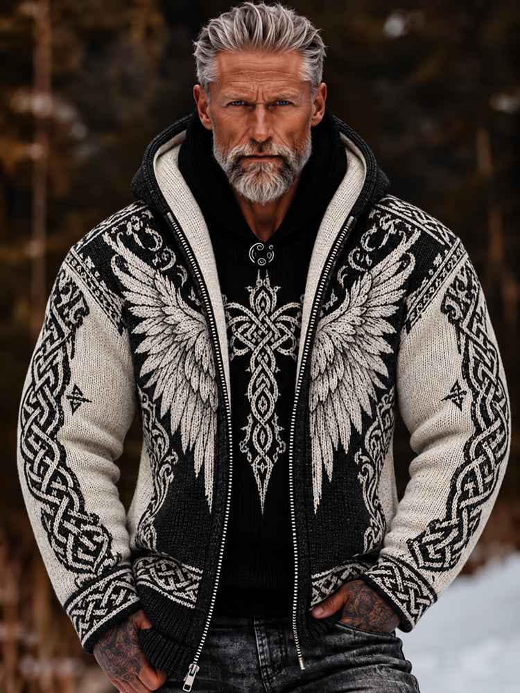 Men's Vintage Viking Wing Celtic Knot Cozy Warm Knitted Jacquard Zipper Hooded Sweater