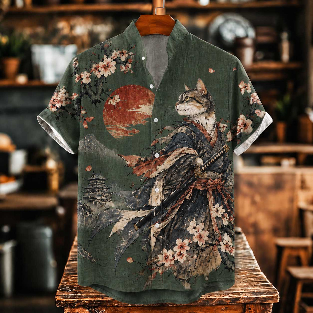 Men's Vintage Japanese Samurai Cat With Sword Art Print Short Sleeve Linen Shirt