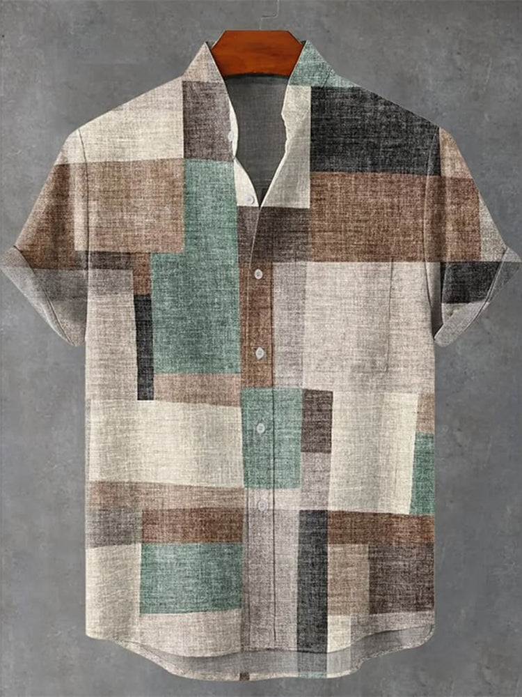Vintage Geometry Color Block Art Print Casual Linen Short Sleeve Shirt