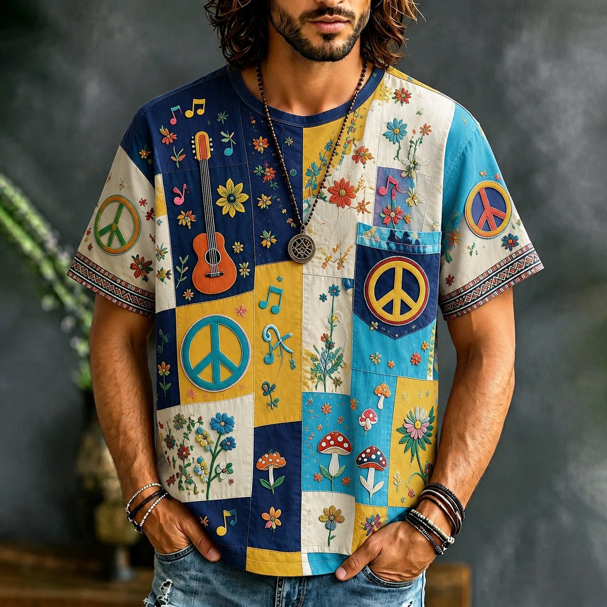 Men's Peace Sign And Guitar Hippie Patchwork Print Casual T-shirt