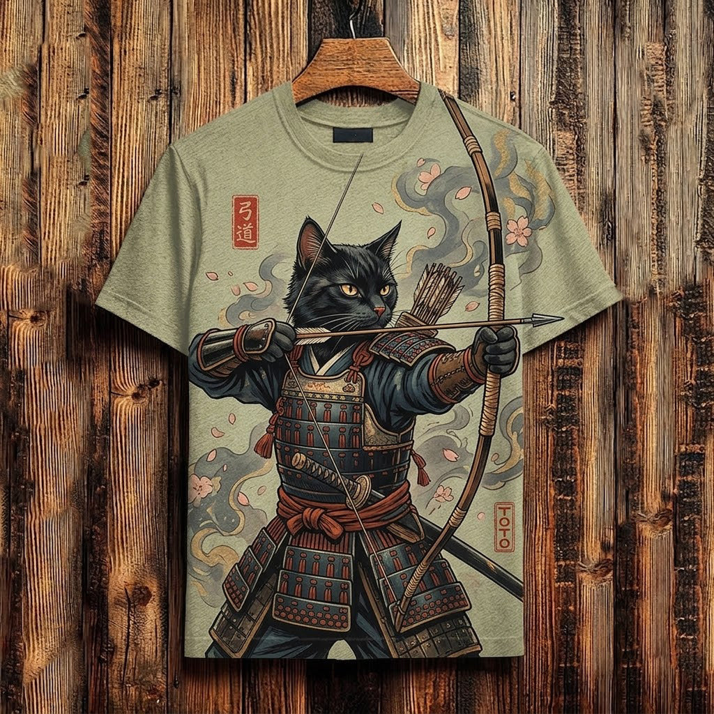 Men's Japanese Black Cat Samurai Art Print Crew Neck Short Sleeve T-shirt