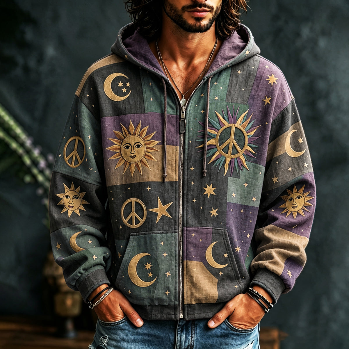Men's Vintage Sun Moon Star Peace Sign Patchwork Art Cozy Warm Zipper Hoodie