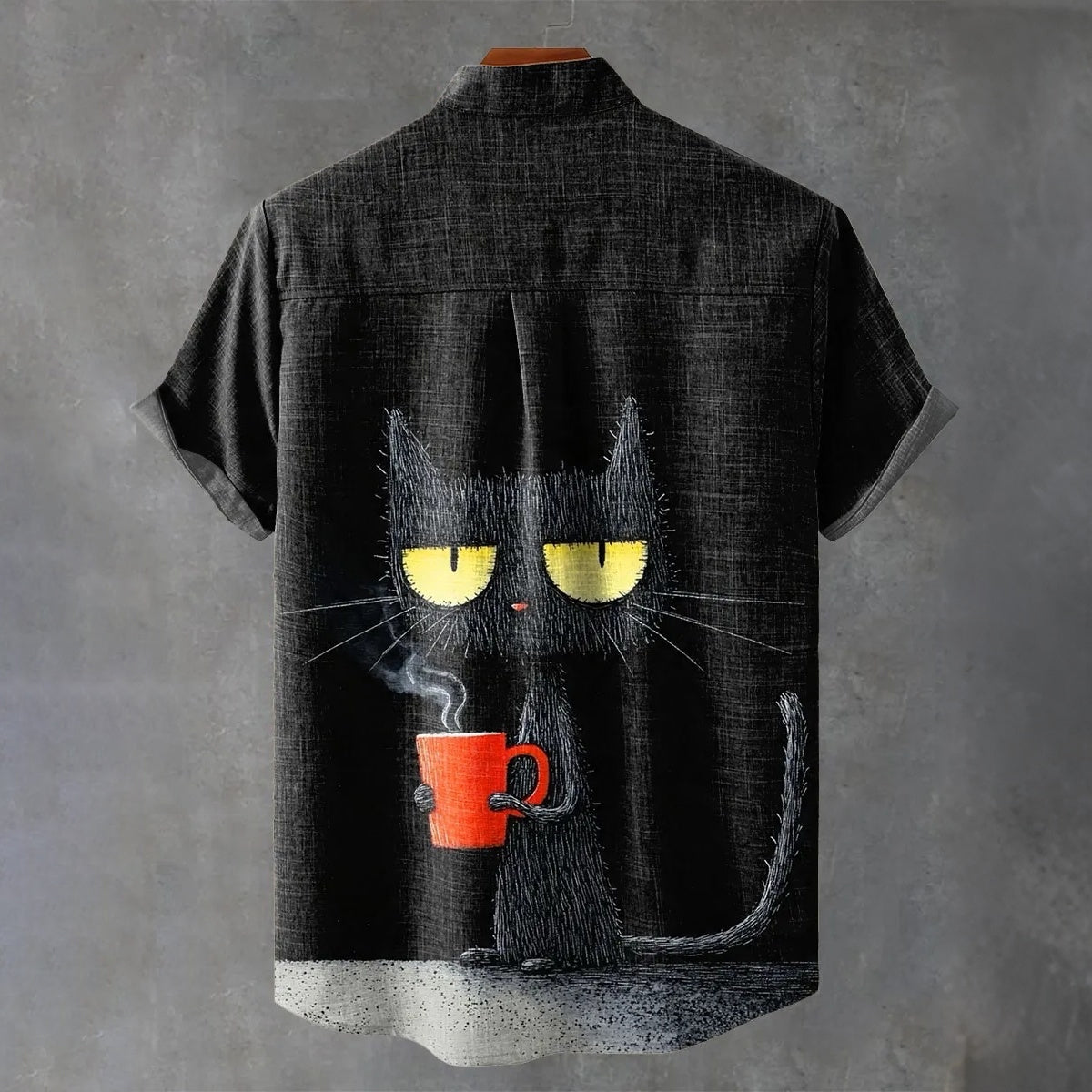 Men's Vintage Black Cat Art Print Casual Linen Shirt