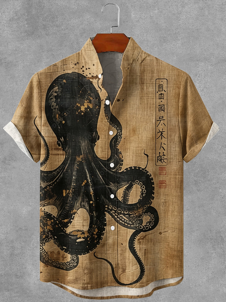 Vintage Japanese Octopus Art Print Button Casual Linen Shirt