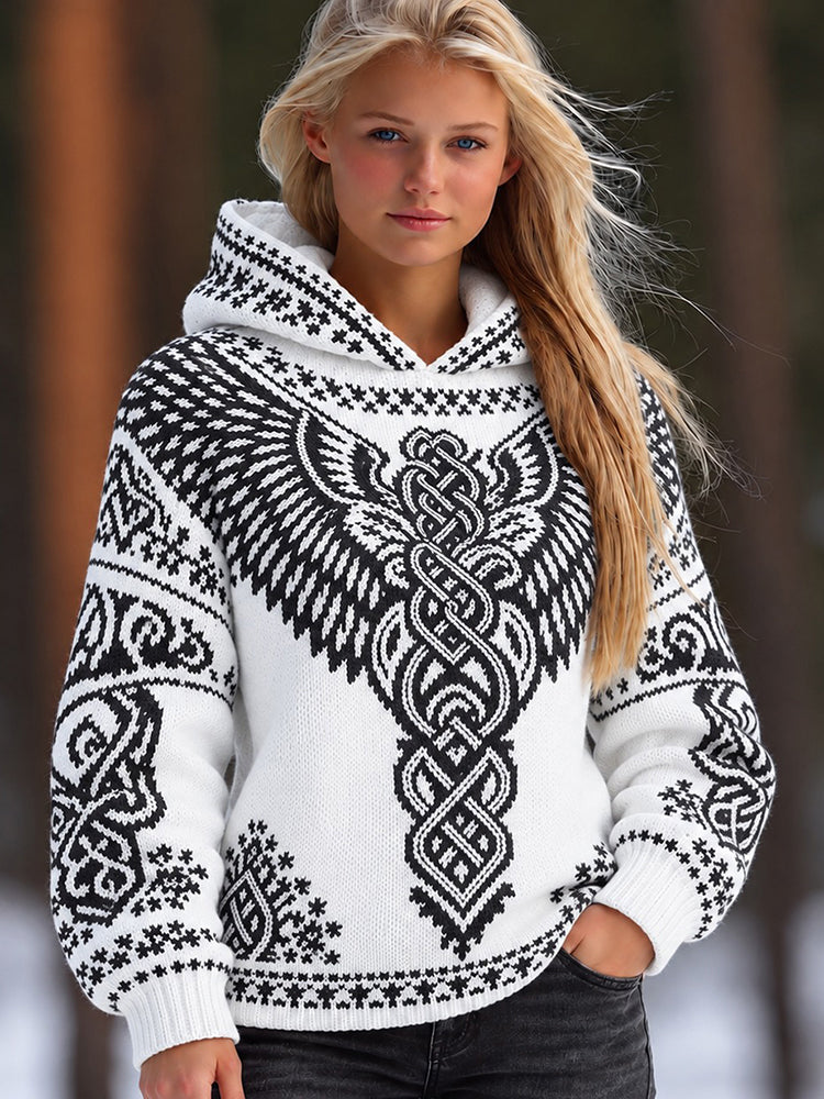 Women's Vintage Viking Celtic Knot And Wings Knit Hooded Sweater