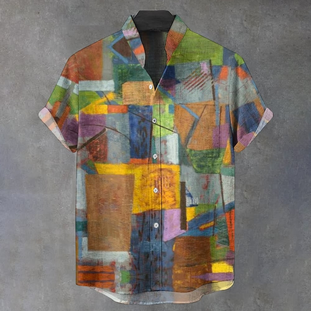 Men's Retro Geometric Color Block Art Print Linen Blend Short-sleeve Shirt