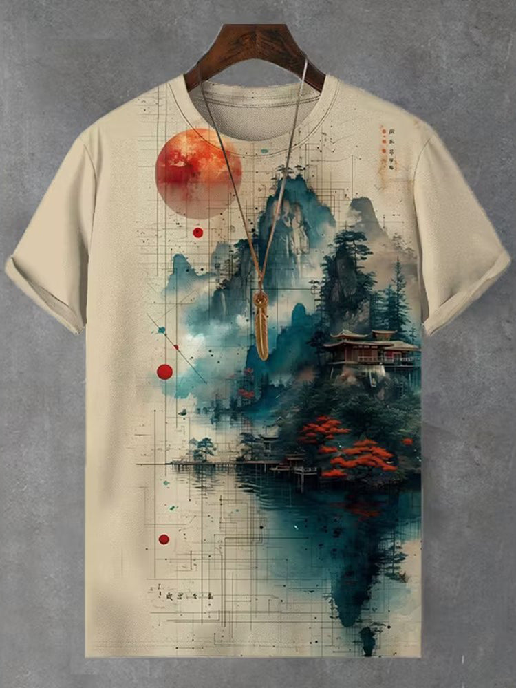 Men's Japanese Landscape Art Print Casual T-shirt
