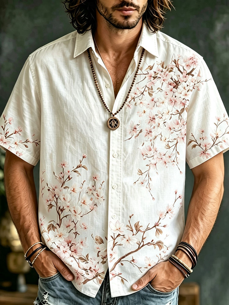 Men's Cherry Blossom Button-up Shirt - Sakura Floral Print Short Sleeve Casual Top
