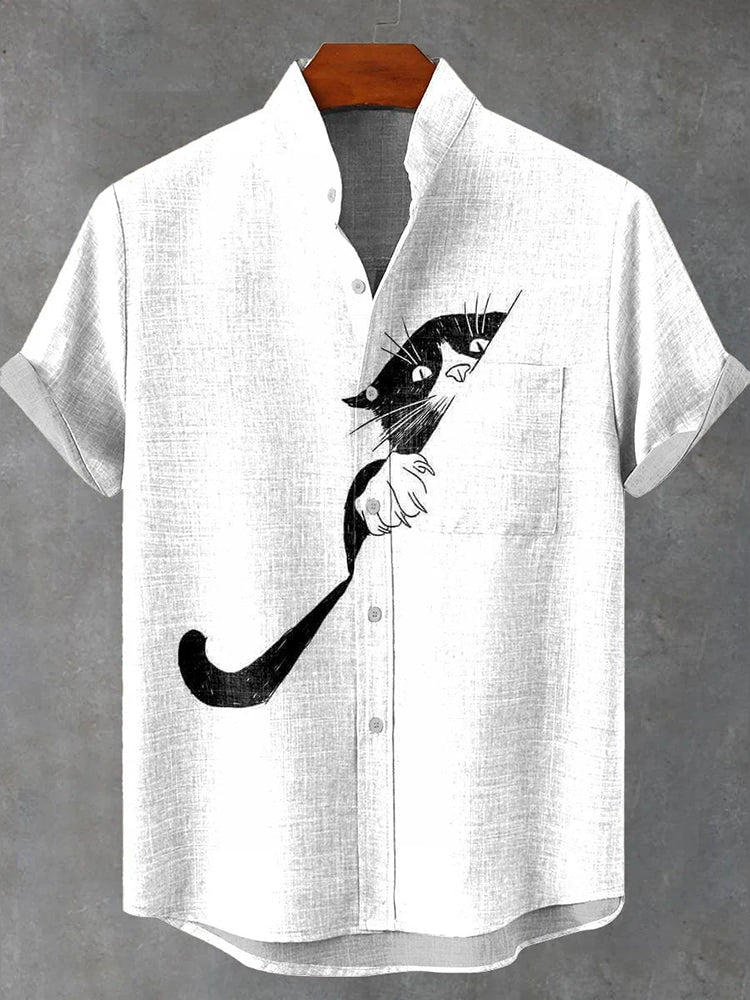 Men's Black Cat Hiding Print Short Sleeve Shirt