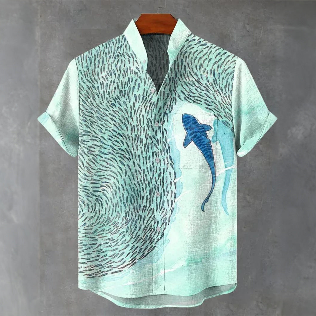 Men's Retro Art Fish Print Linen Short-sleeve Shirt