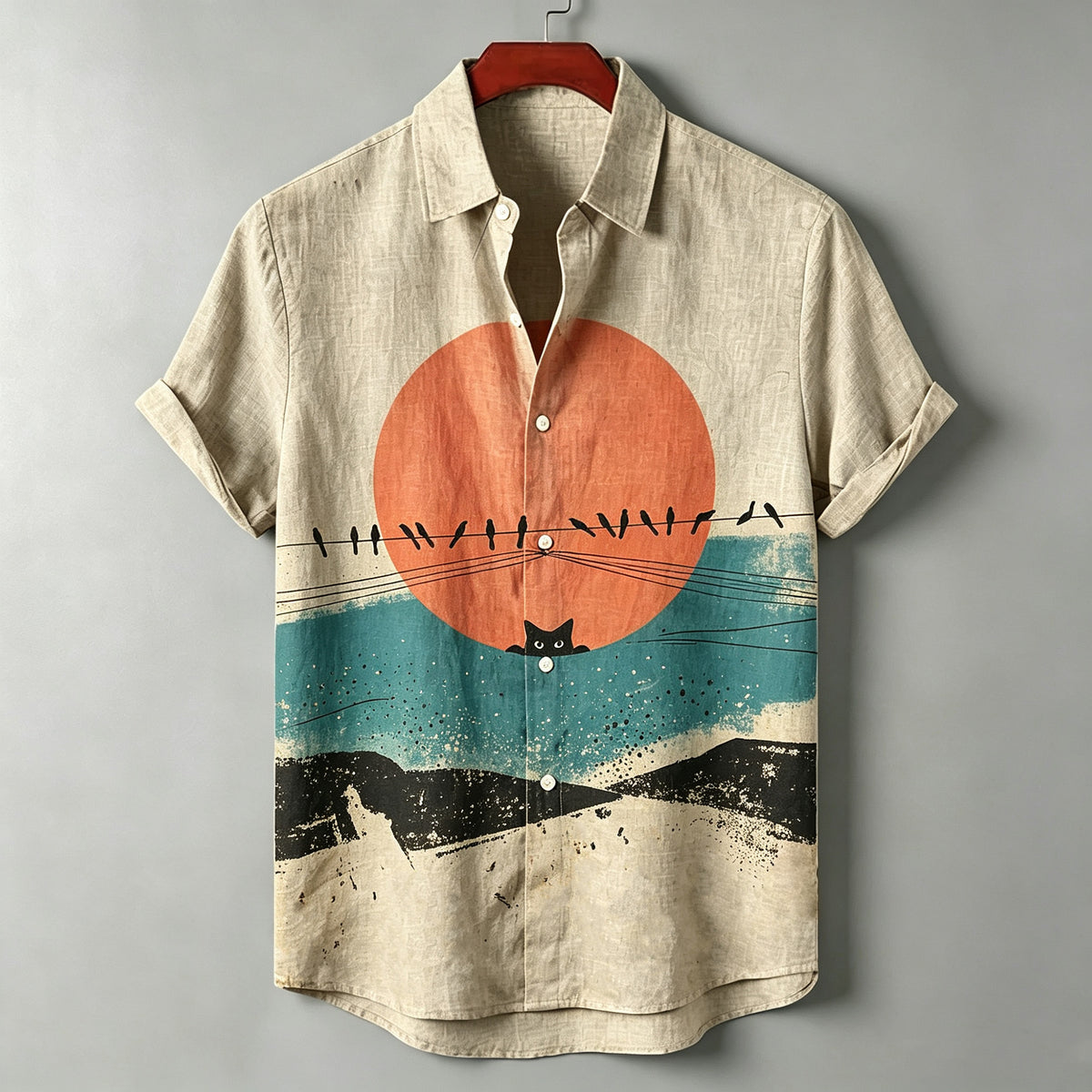 Men's Retro Sunset Bird And Black Cat Print Casual Linen Shirt