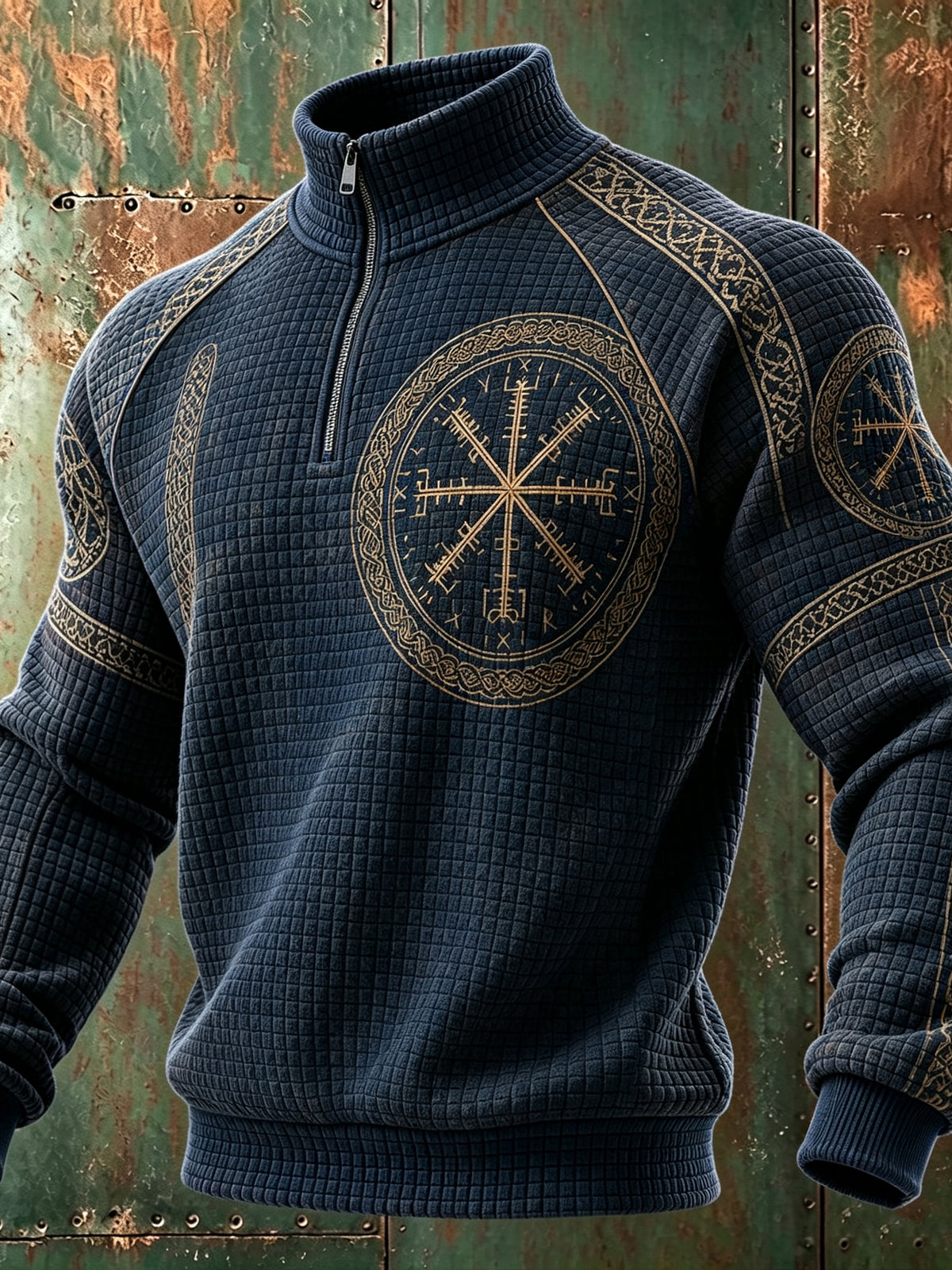 Men's Retro Viking Rune Print Waffle-knit Zip-up Hoodie