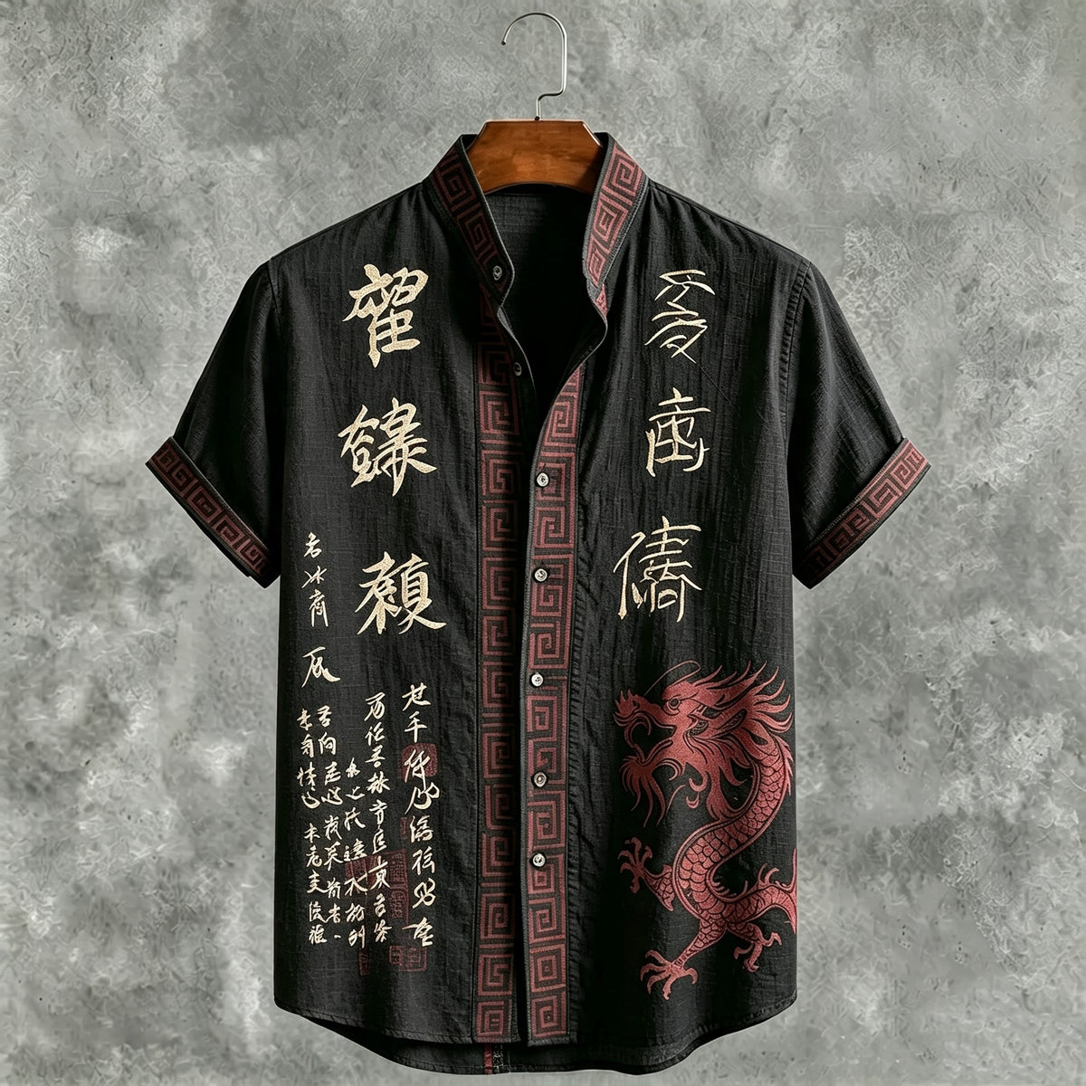 Men's Retro Japanese Calligraphy And Dragon Art Pattern Casual Linen Blend Shirt