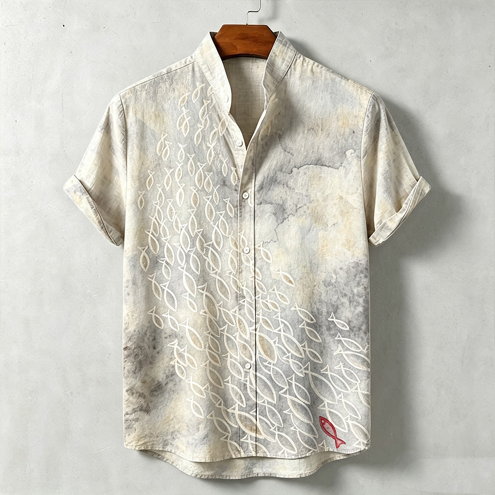 Men's Japanese Style Ocean Fish Print Casual Short-sleeved Shirt