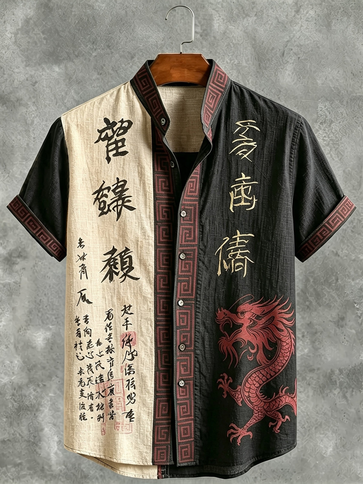 Men's Retro Japanese Calligraphy And Dragon Art Pattern Casual Linen Blend Shirt