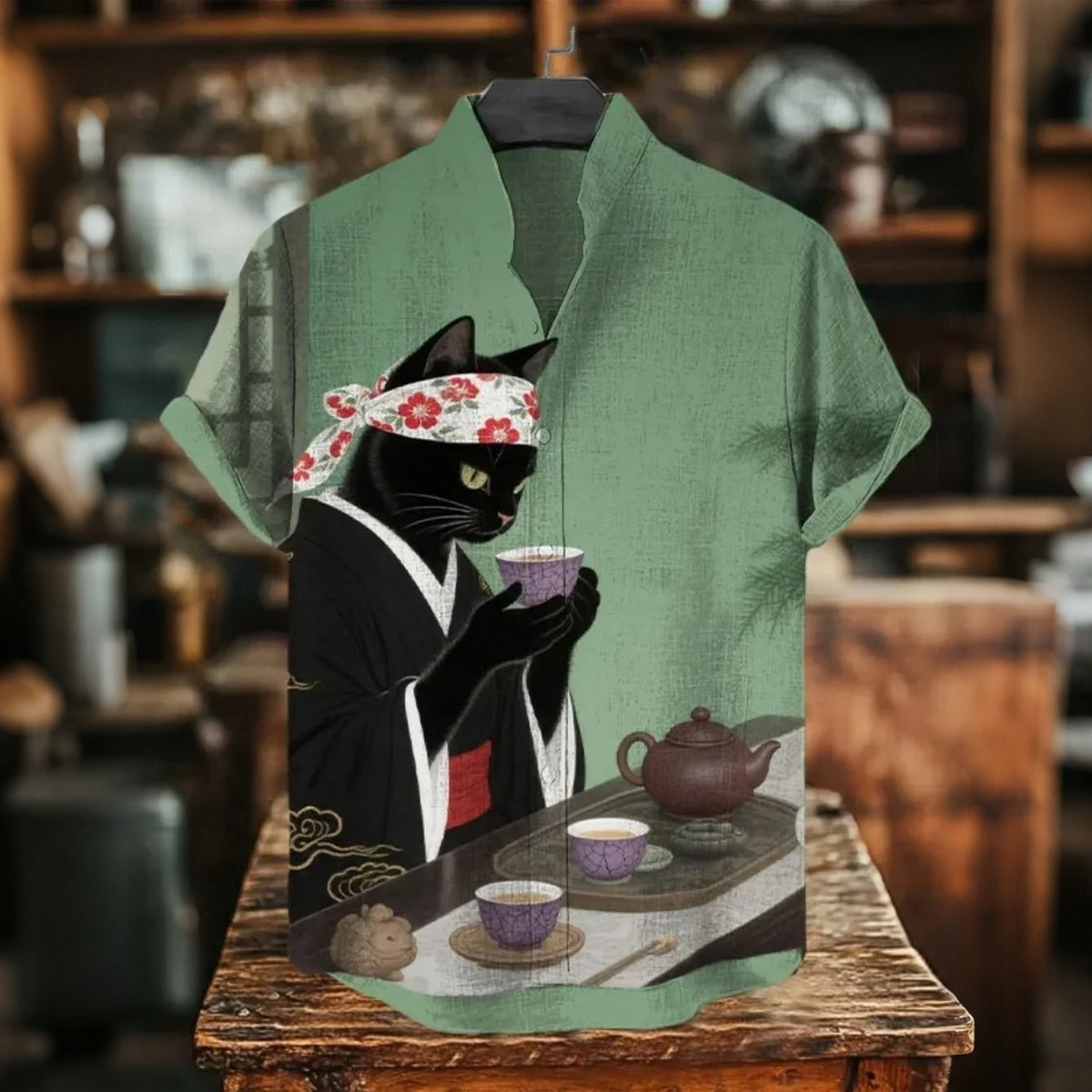 Vintage Japanese Cat Patchwork Art Print Casual Linen Shirt