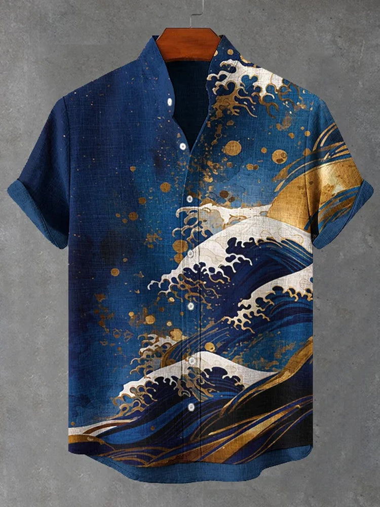 Men's Waves Golden Art Print Short Sleeve Shirt