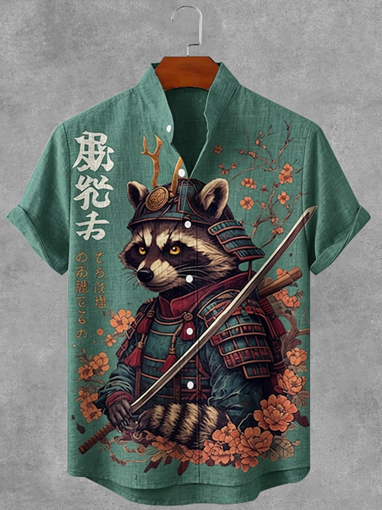 Vintage Japanese Raccoon Art Button Casual Linen Shirt