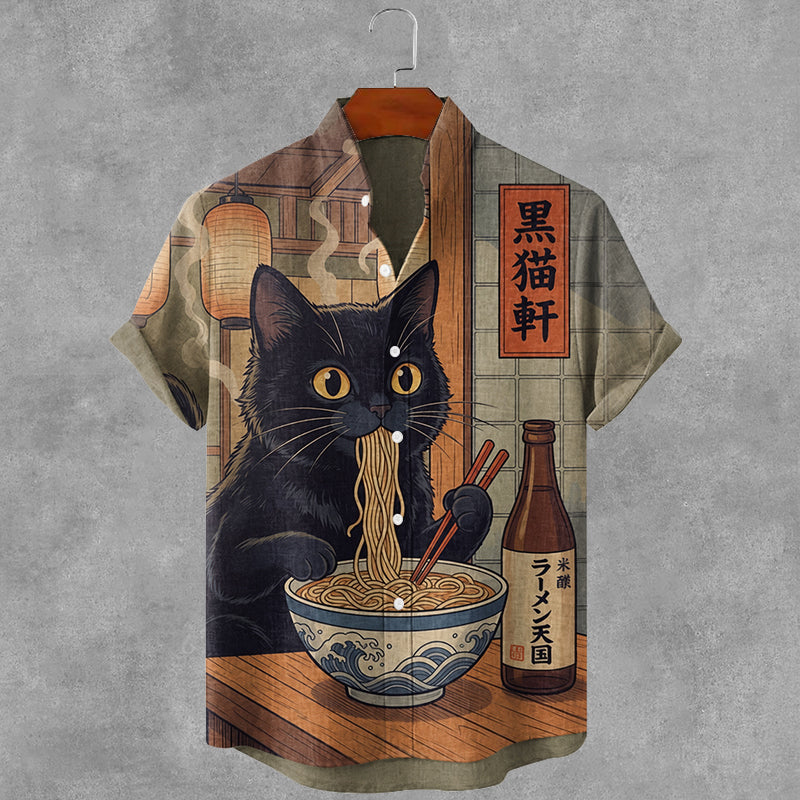 Vintage Black Cat Eating Noodles Art Print Casual Linen Shirt