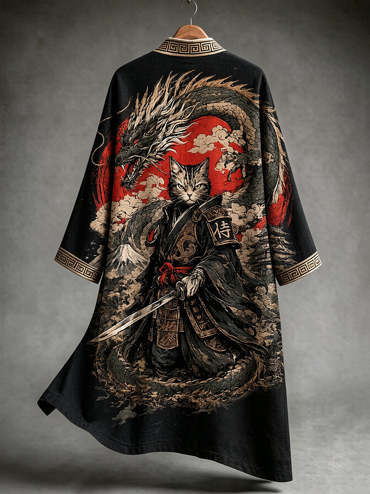 Japanese-style Linen Cardigan With Warrior Cat Print From Mount Fuji