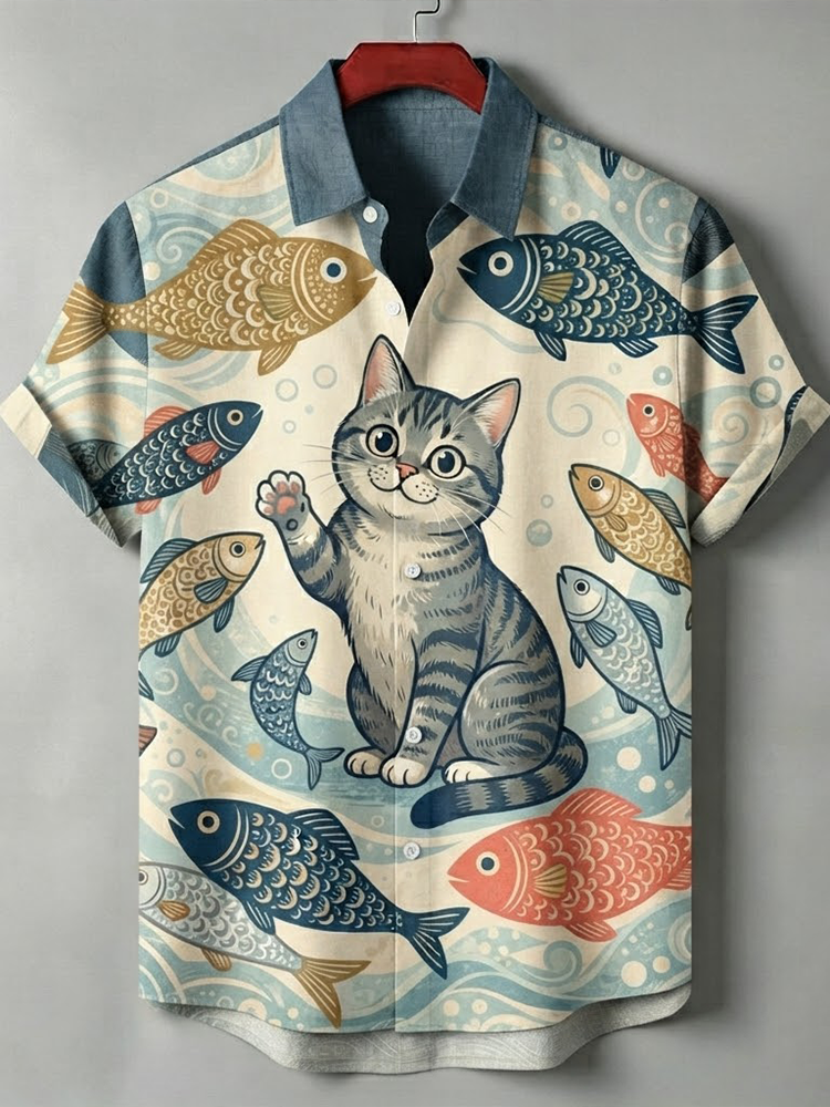 Men's Japanese Ukiyo-e Waving Tabby Cat And Fish Print Short Sleeve Shirt