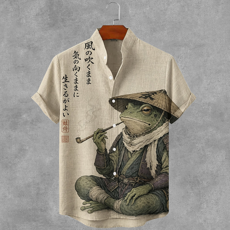 Vintage Japanese Frog Art Print Button Casual Linen Shirt