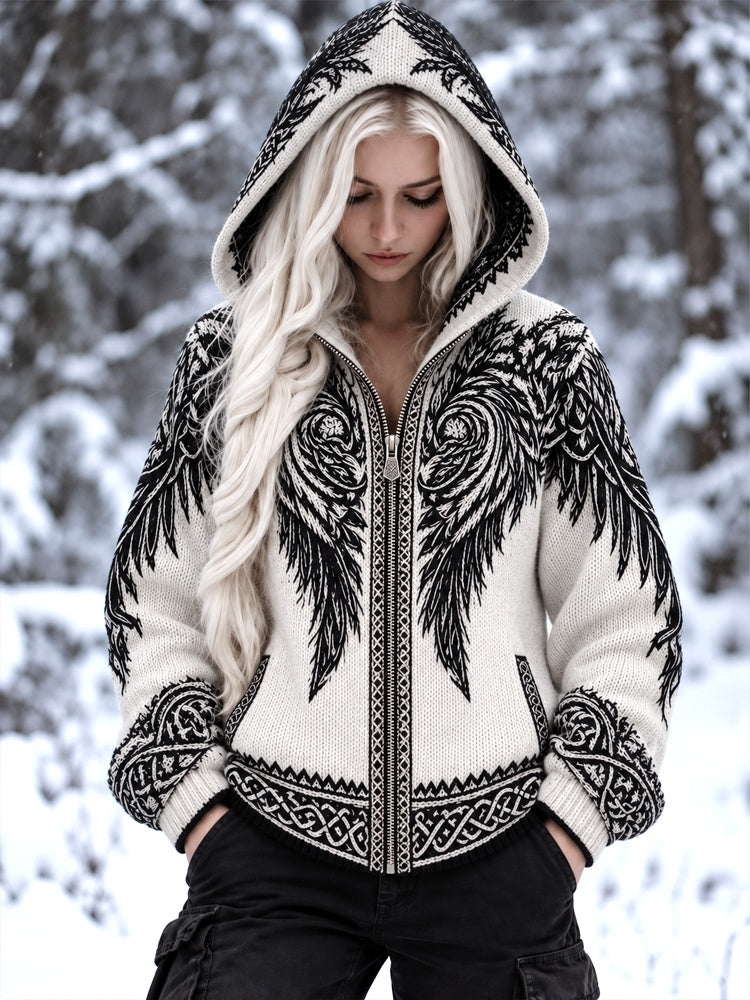 Women's Retro Viking Nordic Knot Wing Pattern Hoodie Jacket