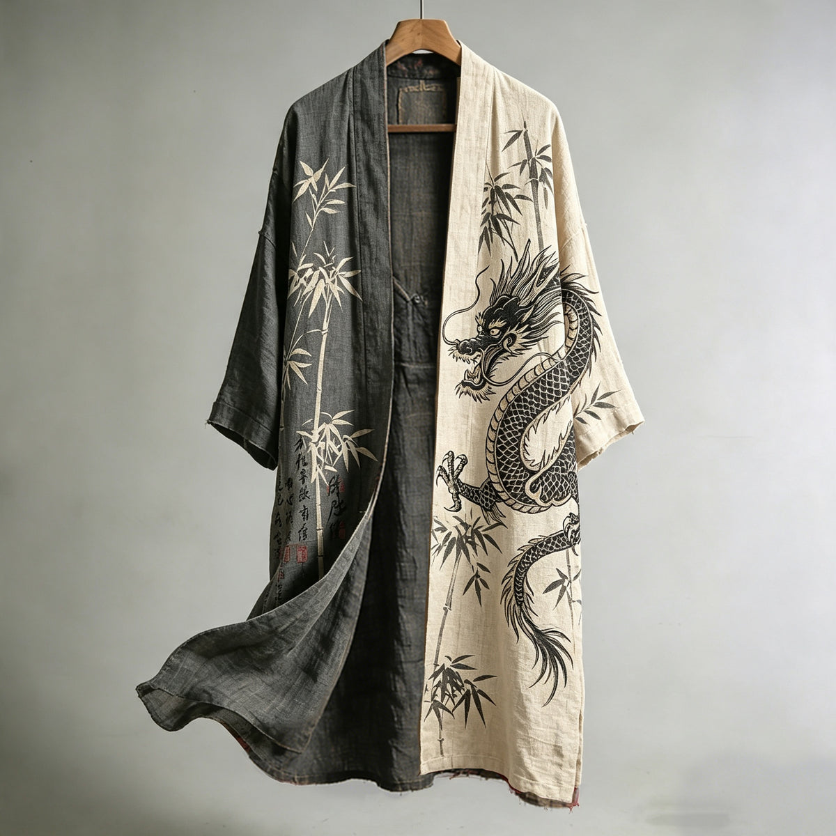 Men's Vintage Bamboo And Dragon Art Print Linen Blend Long Kimono