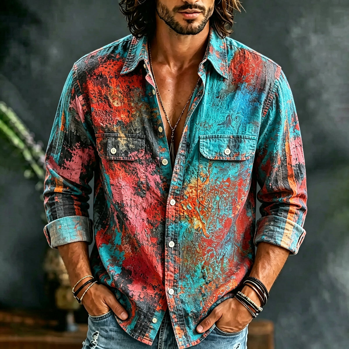 Men's Retro Art‑washed Abstract Textured Print Pocket Shirt