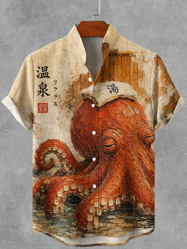 Vintage Ukiyo-e Octopus Art Print Button Casual Linen Shirt
