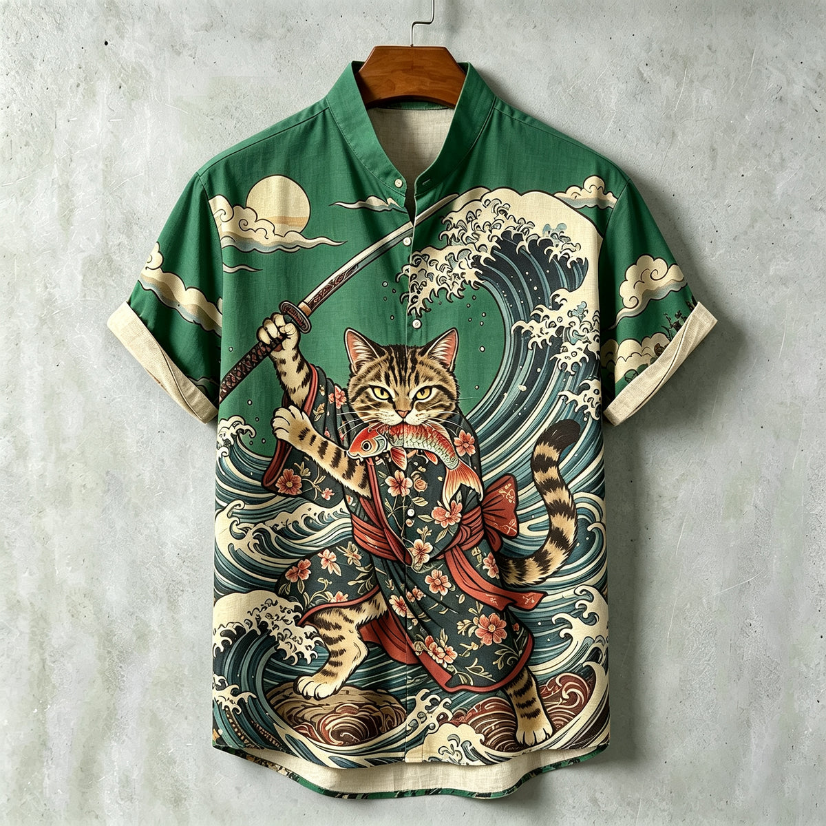 Men's Samurai Wave Print Short-sleeve Linen Shirt