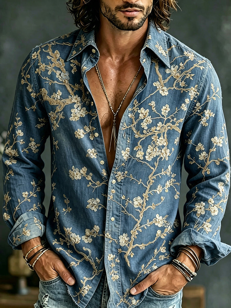 Men's Vintage Cherry Blossom Art Romantic Print Casual Linen Blend Long Sleeve Shirt